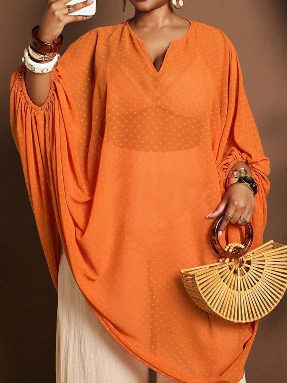 Orange Women's Plus Size Sexy Semi-Sheer Loose Asymmetrical Hem Casual Blouse